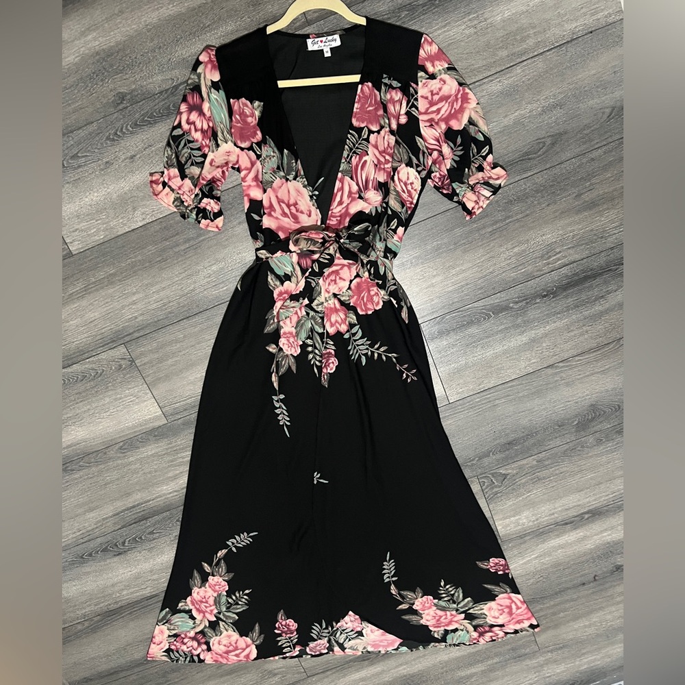 Get Lucky black with pink floral wrap around dress